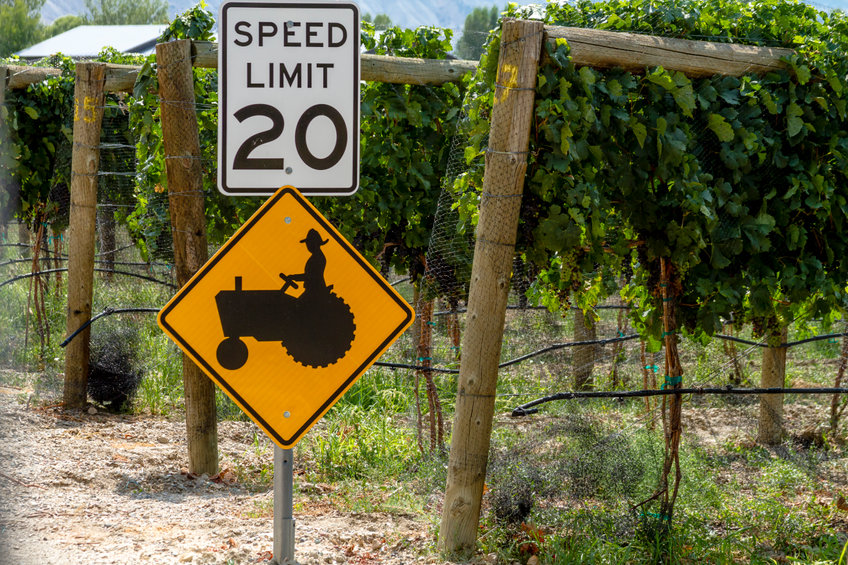 Farmer crossing sign along road in wine vineyard
