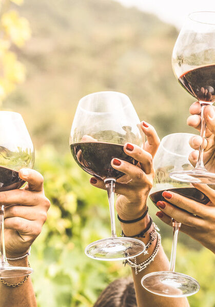 Hands toasting red wine glass and friends having fun cheering at